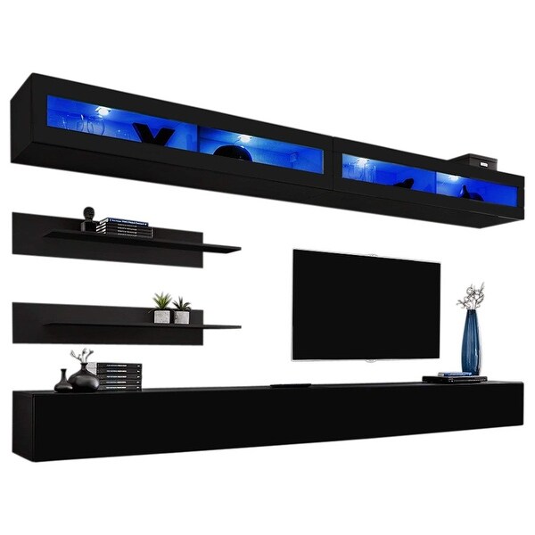 Modern TV Unit  Cabinet Stand Black Matt and Black High Gloss Doors LED FREE